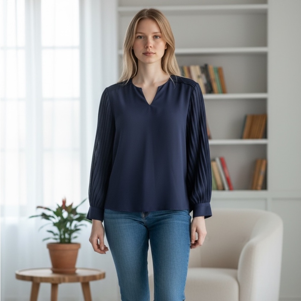 Women's Navy Pleated Sleeve V-Neck Blouse
